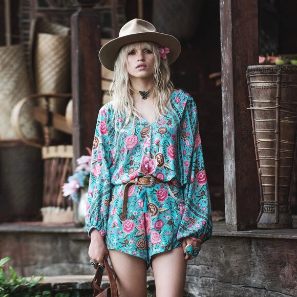 Spell Tops - Spell & the Gypsy Collective Babushka Turquoise Blouse Shorts Set XS b179